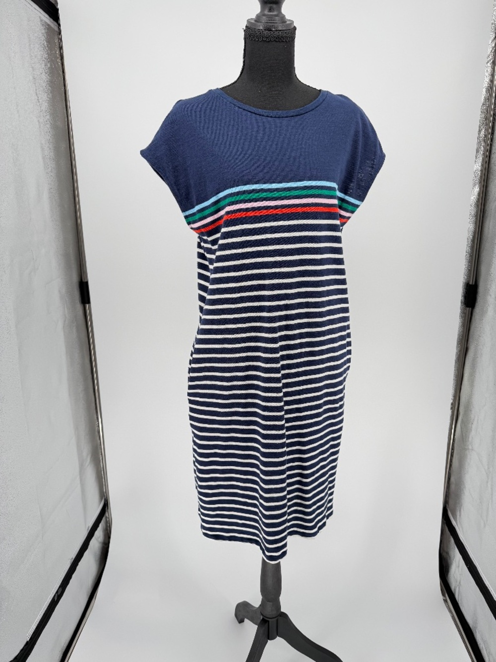 Boden Navy White Striped Rainbow Multi Color Accent T-Shirt Dress 8R